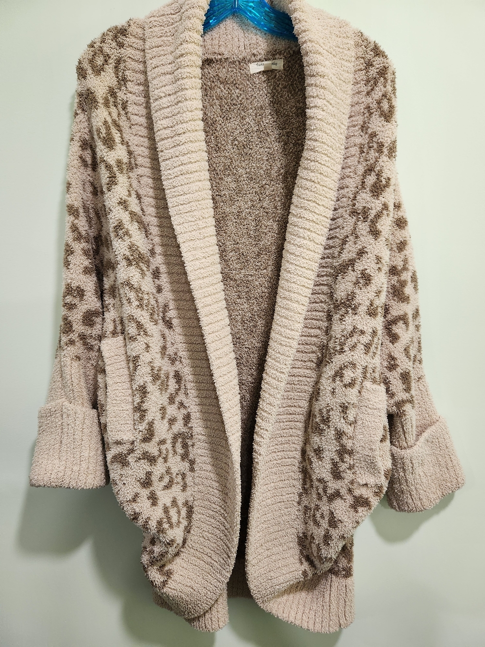 Leopard-Print Taupe Shawl Collar Open-Front Cardigan